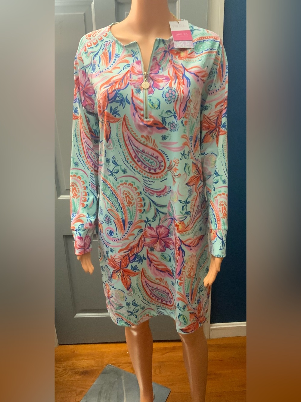 Mint Paisley Long Sleeve Shift Dress with Zip